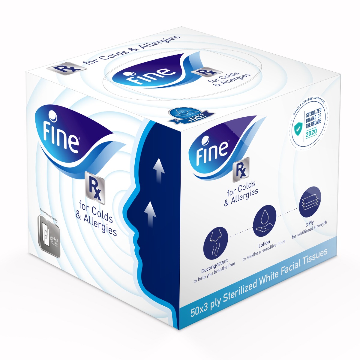 Fine RX Sterilized Facial Tissues for Flu & Allergies, Single Pack, 50 x 3ply